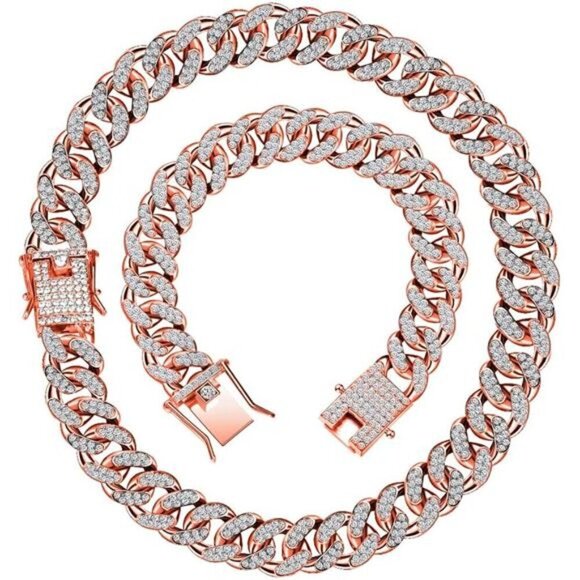 Rose Gold 2 Pieces Cuban Link Chain for Women Cuban Necklace Bracelet Heavy - Picture 1 of 6